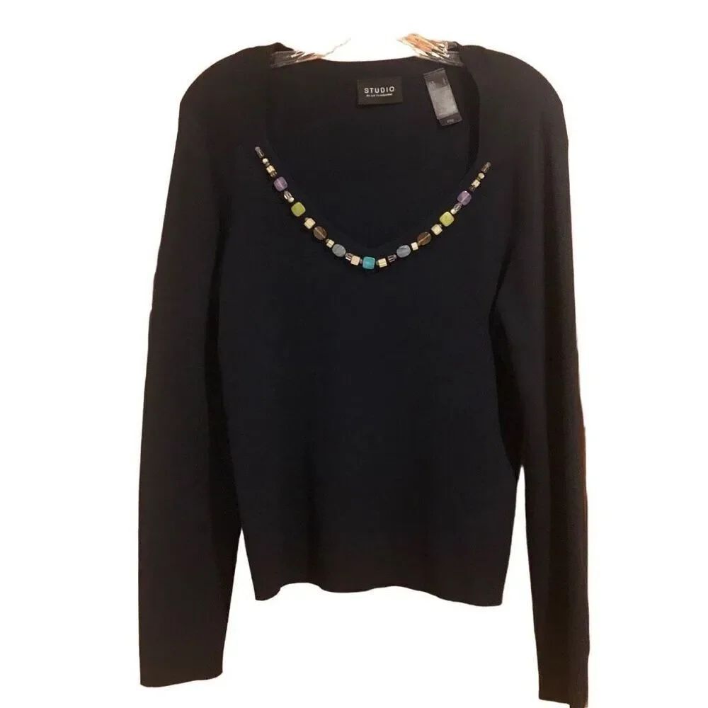 STUDIO Liz Claiborne Size L Navy VNeck Long Slv Sweater Stone Accents